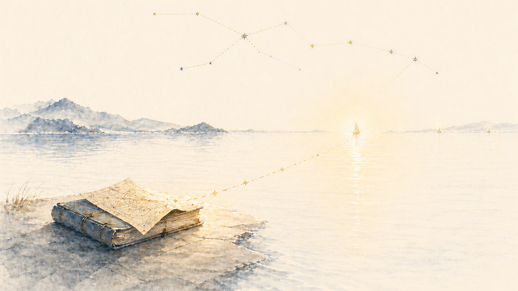 A watercolor of an open book on the shore at sunrise, a faint constellation arc above leading to a bright horizon point.