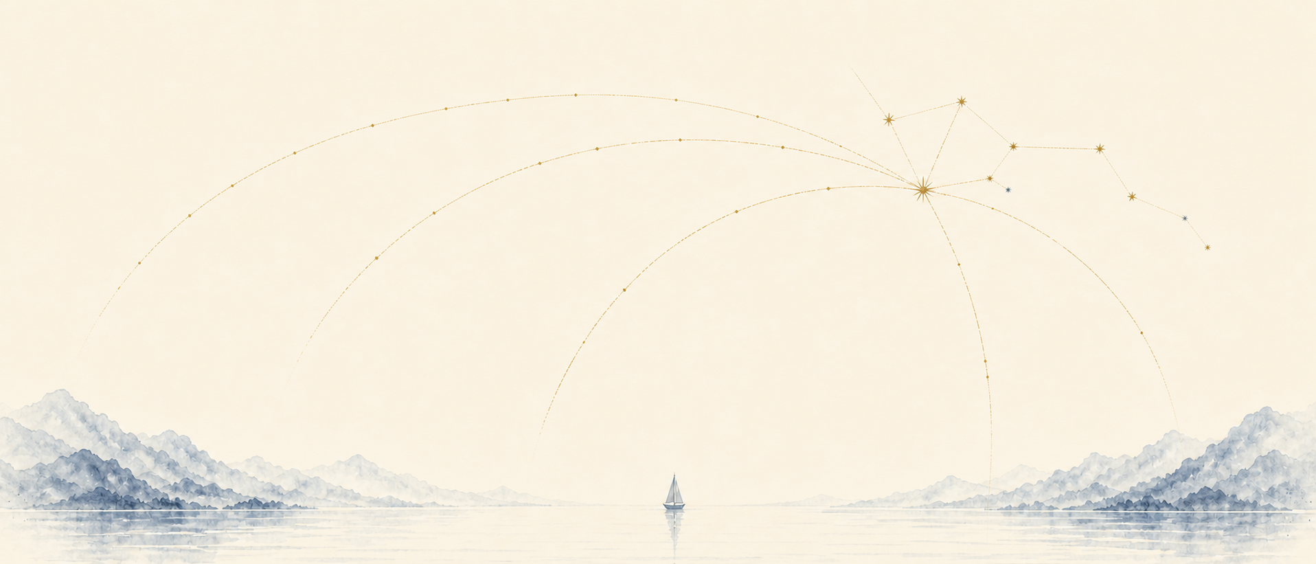 A quiet closing watercolor plate echoing the opening horizon, with a line of light continuing forward.