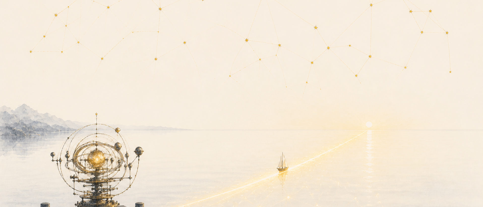 A watercolor of the brass-and-gold orrery at rest on its deck, a single luminous gold path running across a calm pale bay to a bright point on the horizon, a small sailboat following that path toward the light, and the completed constellation the machine traced spread faint across the cream sky.