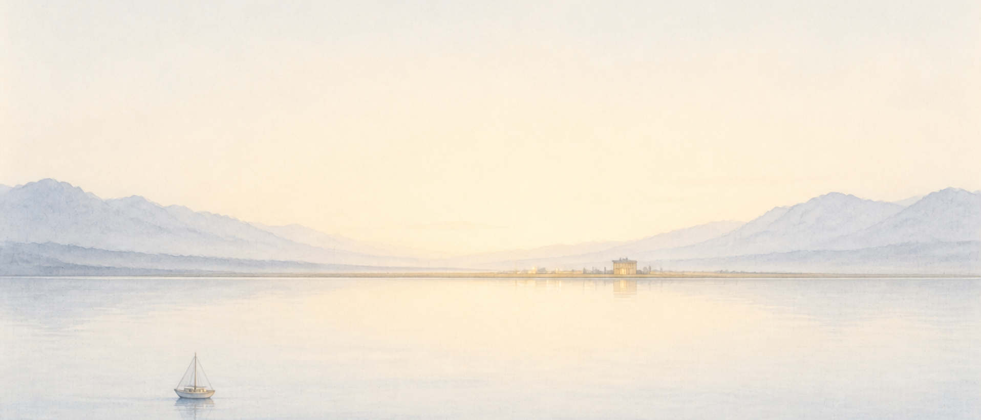 A watercolor of the Meridian synthesis hall at dawn, the light just rising behind it.