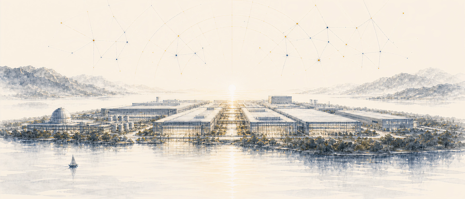 A watercolor of a vast scientific gigafactory complex at dusk, warm light radiating, constellation dots faint above.