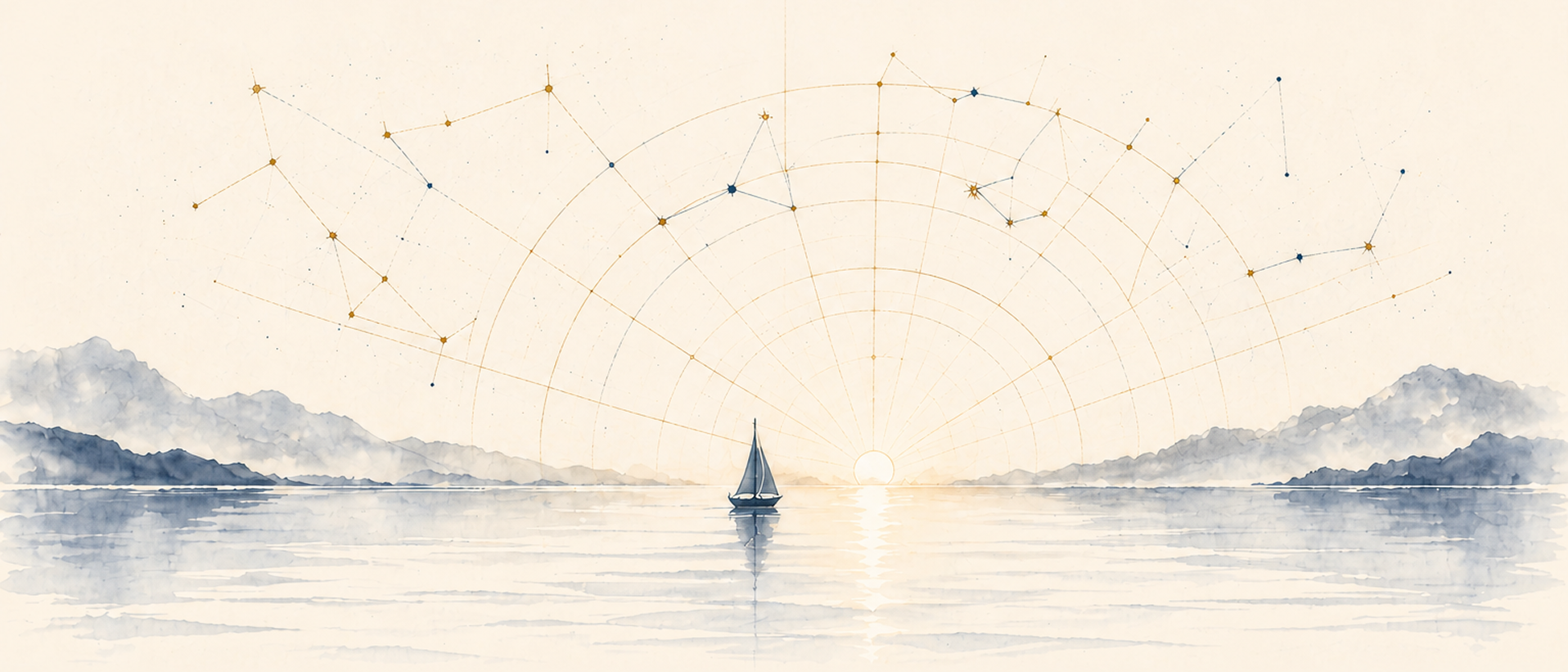 A quiet watercolor horizon over still water, with a small sailboat beneath delicate constellation arcs.