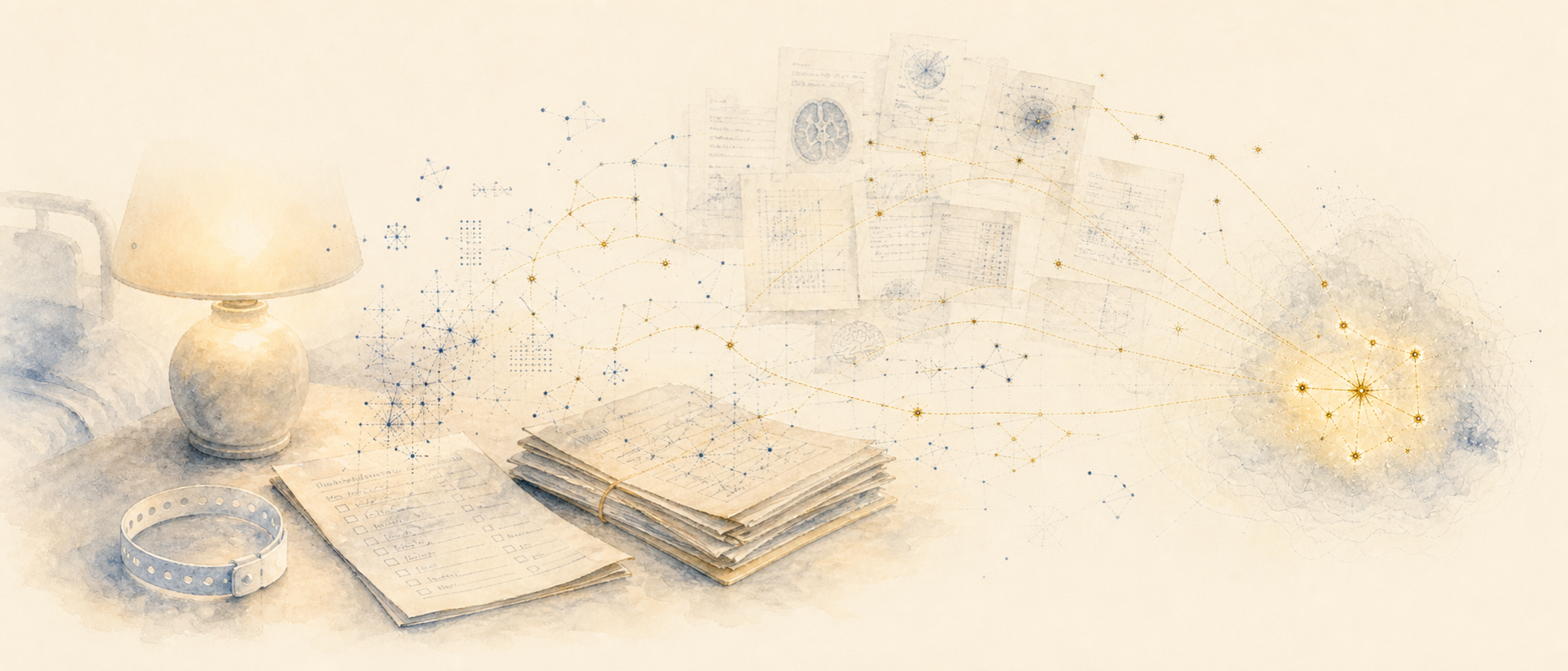 A quiet watercolor hospital bedside with anonymous medical records and wristbands on a table. A warm lamp dissolves into navy and gold stars, which become faint constellation lines and navigational arcs.
