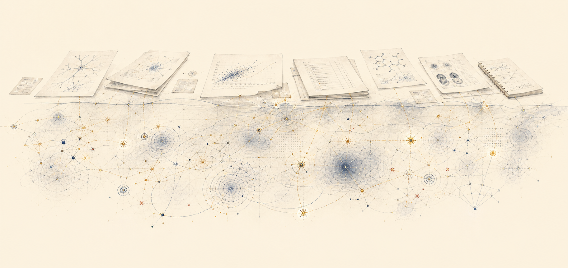 A watercolor cross-section of scientific papers and structured records connected by navy and gold lines beneath the surface, suggesting a shared substrate for scientific state.